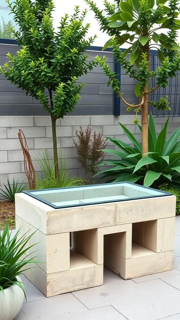 29 Affordable DIY Patio Furniture Ideas for Your Outdoor Space 6 A cinder block table with a glass top, surrounded by greenery in a modern patio setting.