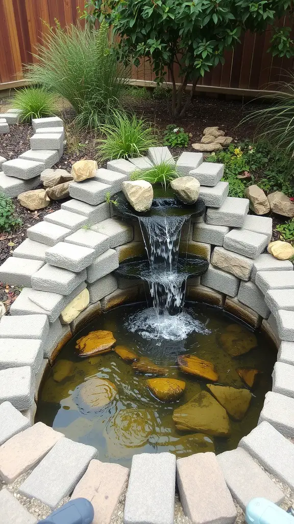 21 Creative Cinder Block Garden Ideas for Your Outdoor Space 15 A circular cinder block water feature with a small waterfall and pond surrounded by rocks and plants.