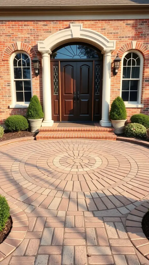 25 Stunning Brick Walkways to Enhance Your Front Door Curb Appeal 14 Circular brick patio entrance with double doors and landscaped shrubs.