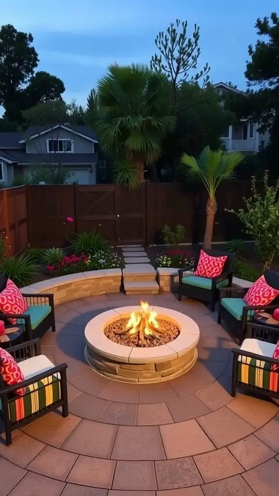 17 Inspiring Backyard Patio and Fire Pit Ideas 7 A circular patio with a fire pit surrounded by colorful chairs and plants