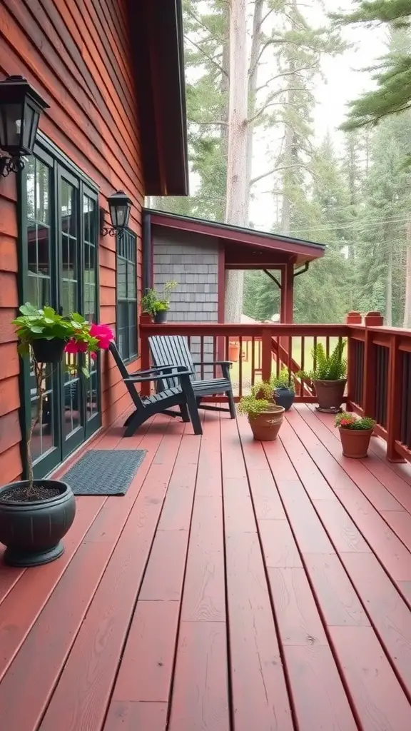 15 Stunning Deck Stain Colors to Transform Your Outdoor Space 7 A redwood stained deck surrounded by trees and potted plants.