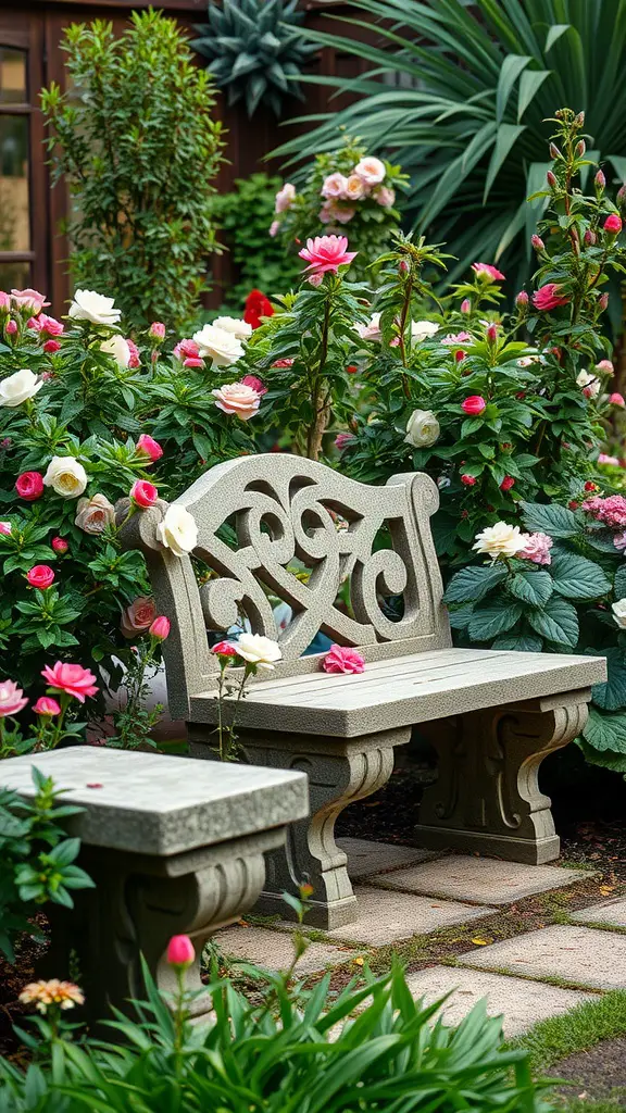 25 Creative Garden Bench Ideas to Enhance Your Outdoor Space 10 A classic stone bench surrounded by colorful flowers in a garden setting.