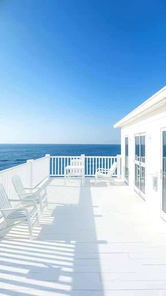 15 Stunning Deck Paint Color Ideas to Transform Your Outdoor Space 4 A bright white deck overlooking the ocean with clear blue skies.