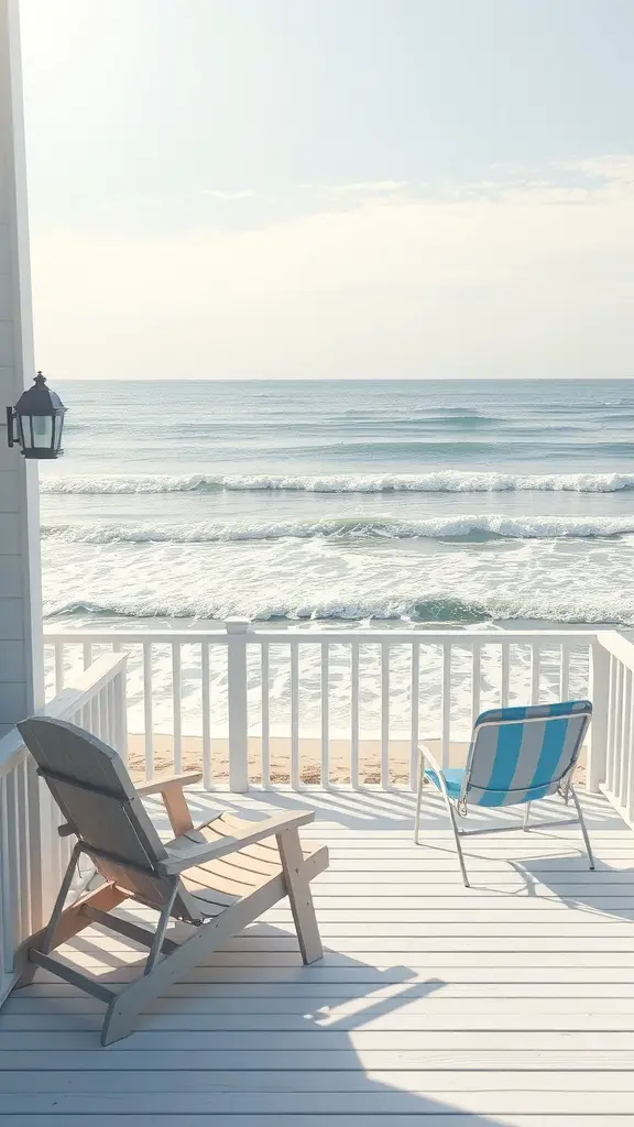 15 Stunning Deck Stain Colors to Transform Your Outdoor Space 10 A serene deck overlooking the ocean with two chairs, reflecting a coastal vibe