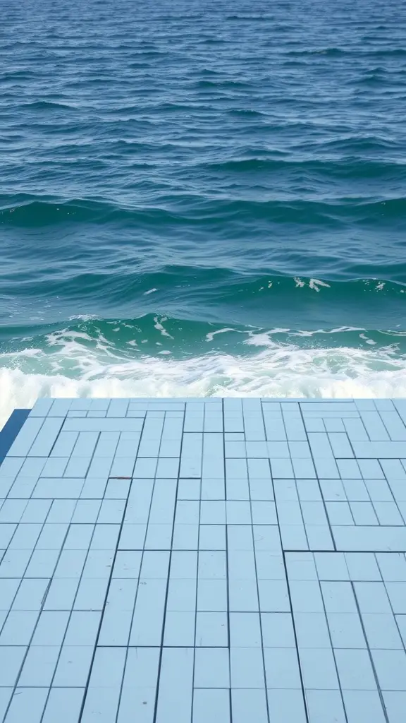 15 Stunning Deck Paint Color Ideas to Transform Your Outdoor Space 9 A deck painted in coastal blue overlooking the ocean waves.