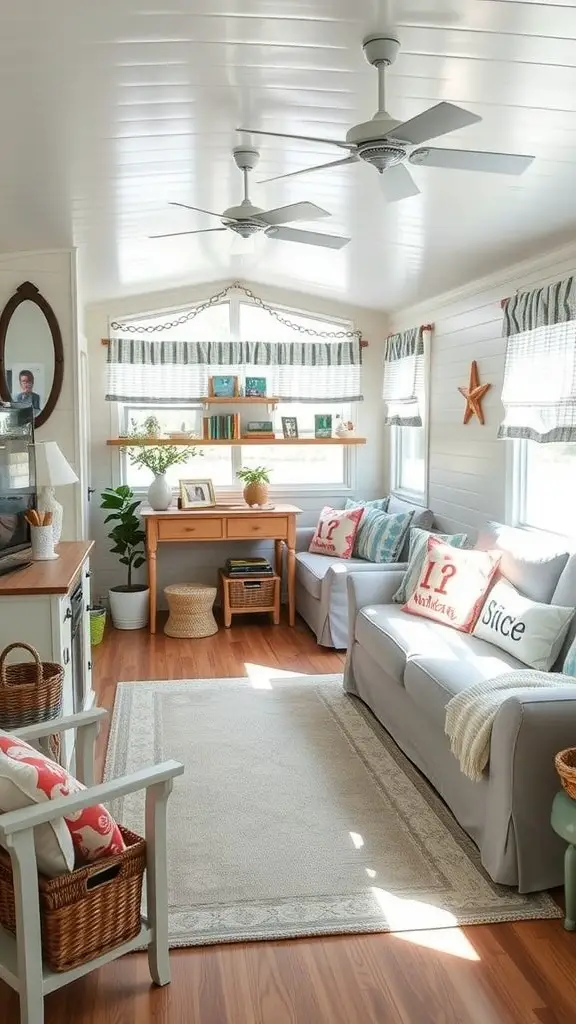 17 Inspiring Mobile Home Living Room Ideas to Transform Your Space 19 A cozy coastal cottage living room with light furniture, colorful pillows, and natural light.