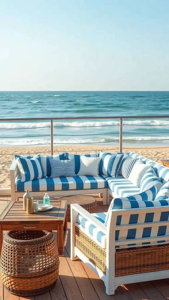 27 Creative DIY Outdoor Sectional Ideas for Your Backyard Retreat 7 Coastal inspired sectional with blue and white striped cushions overlooking the beach