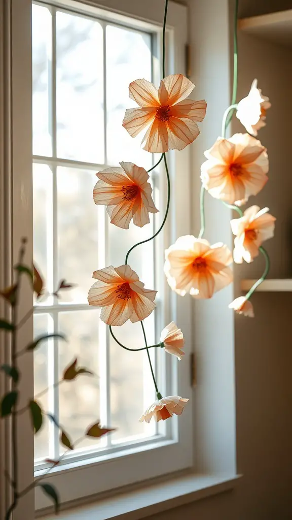 31 Creative Mother's Day Garland Ideas to Celebrate Mom 17 A garland of coffee filter flowers in soft peach and orange colors hanging by a window