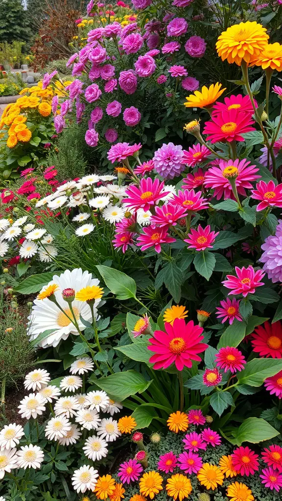 29 Creative Garden Design Ideas to Transform Your Outdoor Space 29 A vibrant garden filled with colorful flowers including pinks, yellows, and whites, showcasing a variety of blooms like daisies, zinnias, and roses.