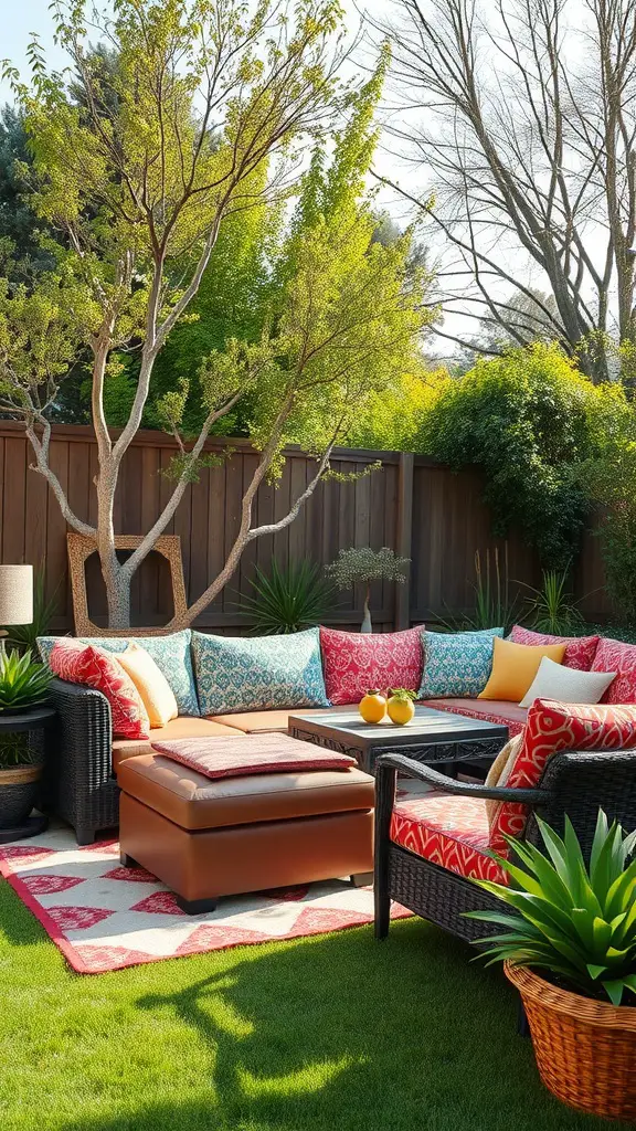 27 Creative DIY Outdoor Sectional Ideas for Your Backyard Retreat 16 Outdoor sectional with colorful fabric cushions, surrounded by greenery.