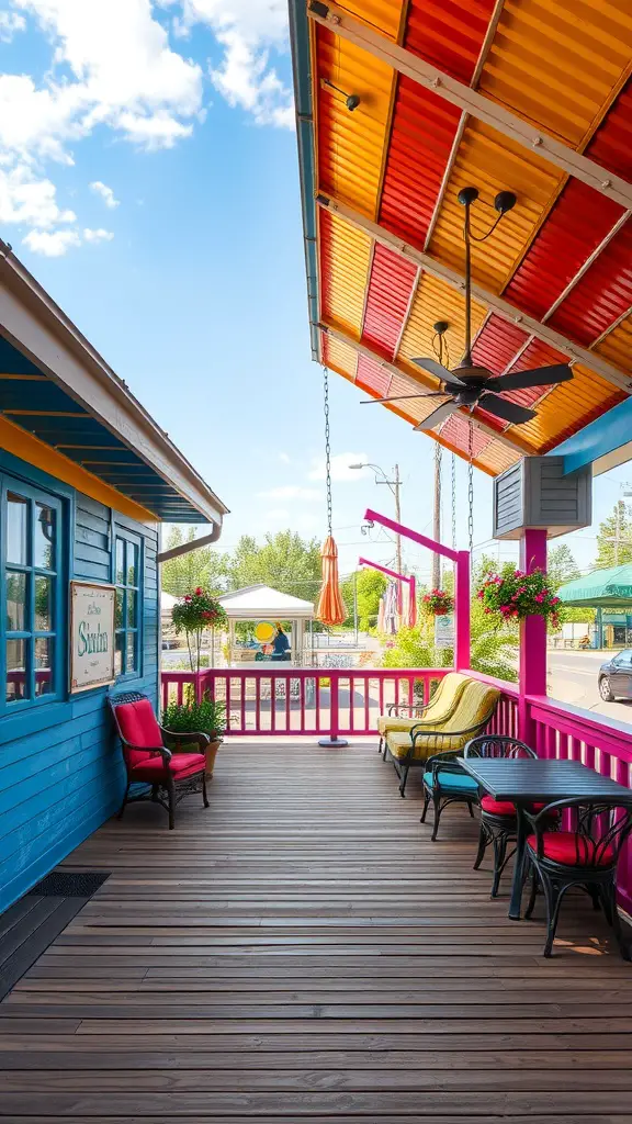 19 Creative Deck with Roof Ideas for Your Outdoor Space 14 A colorful metal roof above a wooden deck with vibrant furniture and planters.