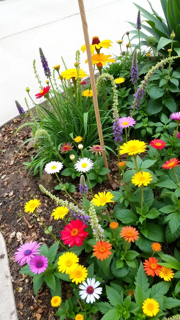 27 Creative Small Garden Plans for Limited Spaces 20 A colorful mixed flower border featuring daisies, gerberas, and various vibrant blooms.