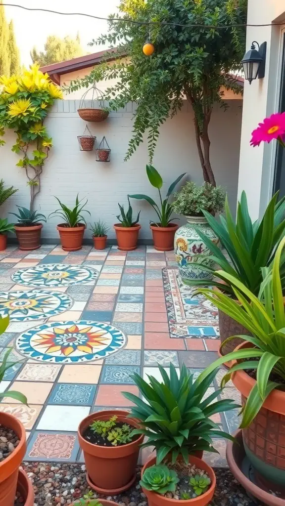 17 Creative Grass Alternative Backyard Ideas for a Stunning Outdoor Space 8 Vibrant patio with colorful mosaic tiles surrounded by plants in pots.