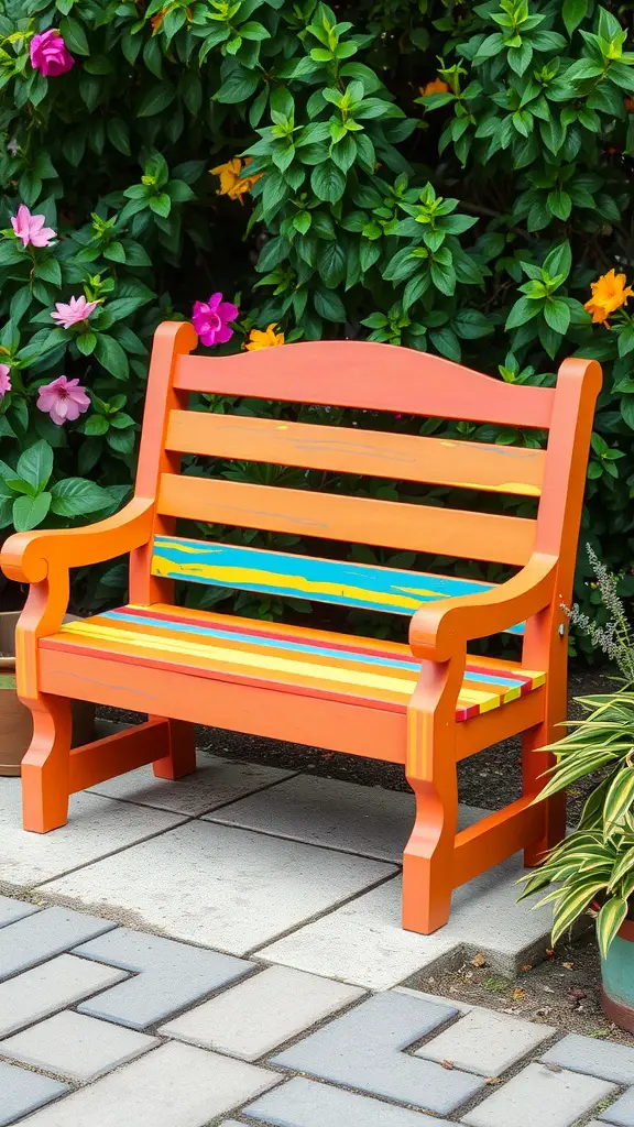 25 Creative Garden Bench Ideas to Enhance Your Outdoor Space 2 A colorful painted garden bench surrounded by vibrant flowers and greenery.