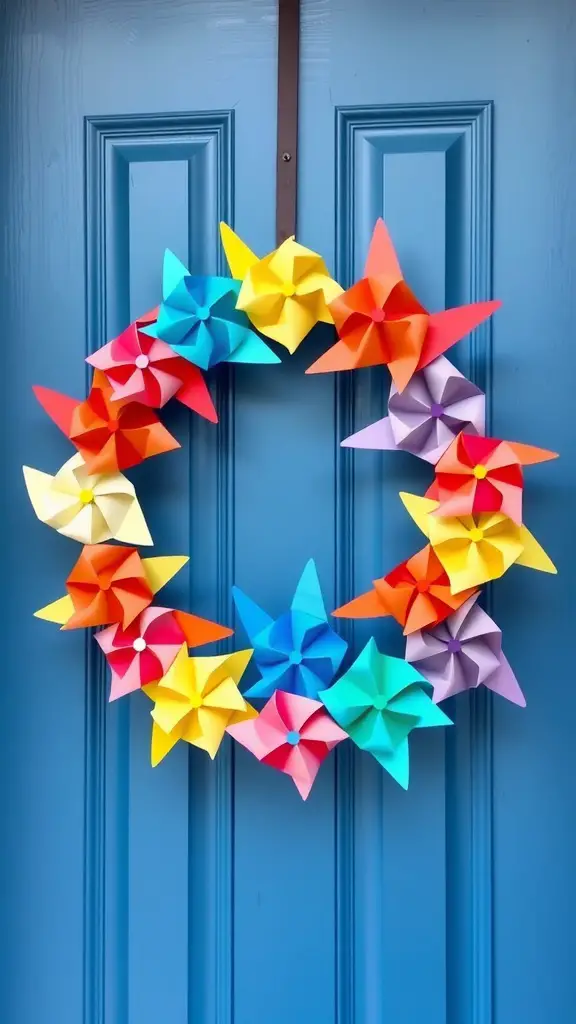 15 Beautiful DIY Spring Wreaths for Your Front Door 16 A vibrant, colorful paper pinwheel wreath hanging on a blue door, featuring assorted colors like red, yellow, blue, and orange.