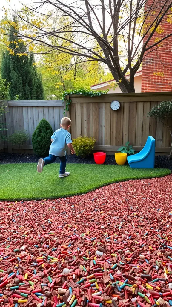 17 Creative Grass Alternative Backyard Ideas for a Stunning Outdoor Space 15 A child playing on colorful rubber mulch in a backyard with green grass and colorful decorations.