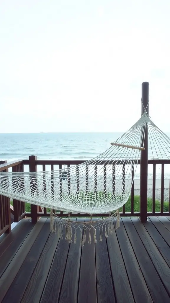 15 Inspiring Outdoor Deck Decorating Ideas to Transform Your Space 14 A hammock set up on a wooden deck with an ocean view.