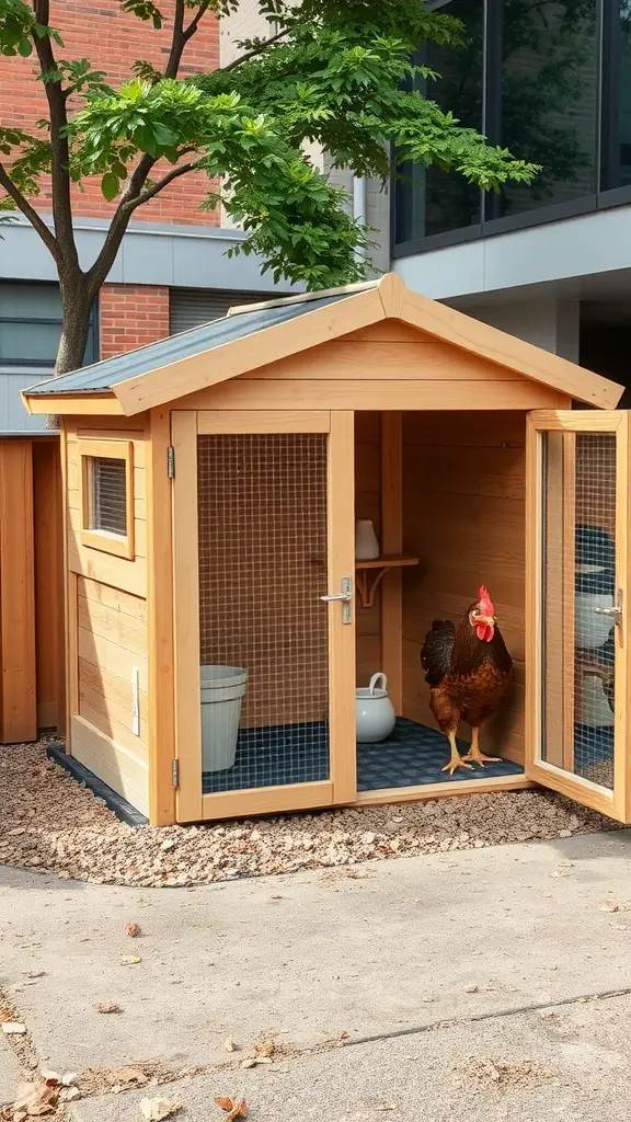 17 Creative Walk-In Chicken Coop Ideas You'll Love 17 A compact wooden walk-in chicken coop with an open door and a chicken outside.