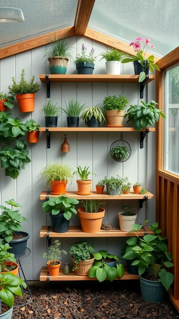 23 Stylish Potting Shed Interior Ideas for a Modern Touch 10 A potting shed interior featuring compact vertical gardening solutions with shelves filled with various plants in pots.