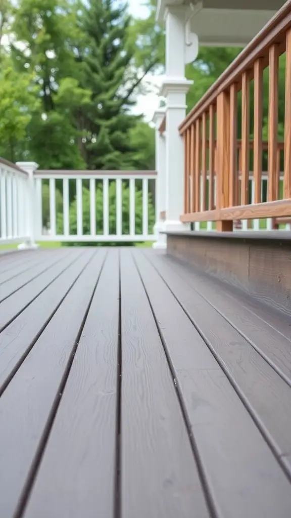 19 Creative Deck Skirting Ideas for Your Outdoor Space 13 A close-up of a deck featuring composite material skirting, with a dark floor and wooden railing.