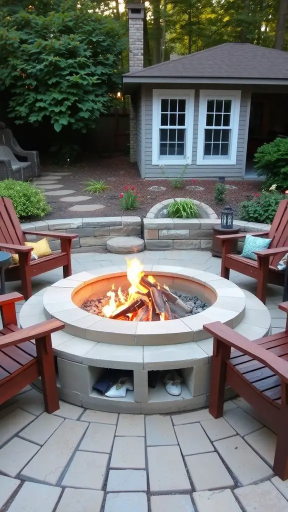 29 Affordable DIY Patio Furniture Ideas for Your Outdoor Space 11 A cozy concrete block fire pit surrounded by red chairs on a patio