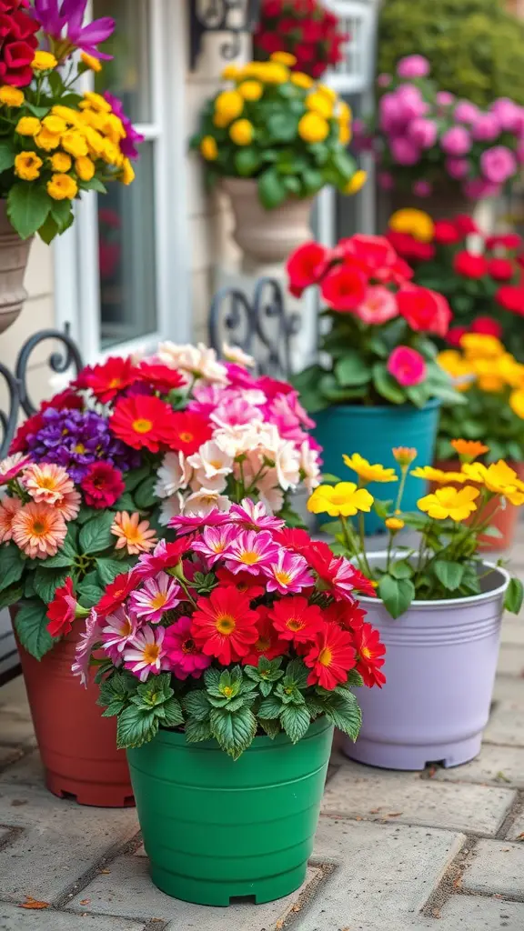 27 Creative Small Garden Plans for Limited Spaces 5 Colorful container flower garden with various blooming flowers in different pots