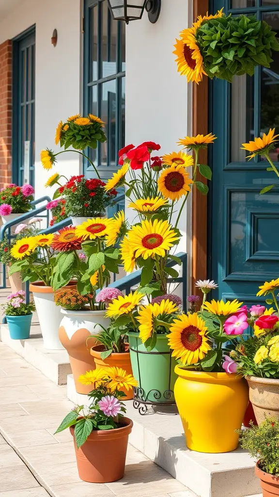 19 Stunning Flower Bed Ideas for Full Sun Gardens 2 A vibrant container garden featuring sunflowers and various colorful flowers on a porch.