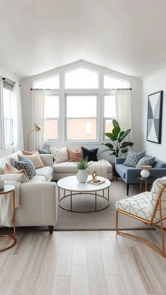 17 Inspiring Mobile Home Living Room Ideas to Transform Your Space 10 A contemporary chic living room in a mobile home with large windows, light-colored furniture, and decorative pillows.