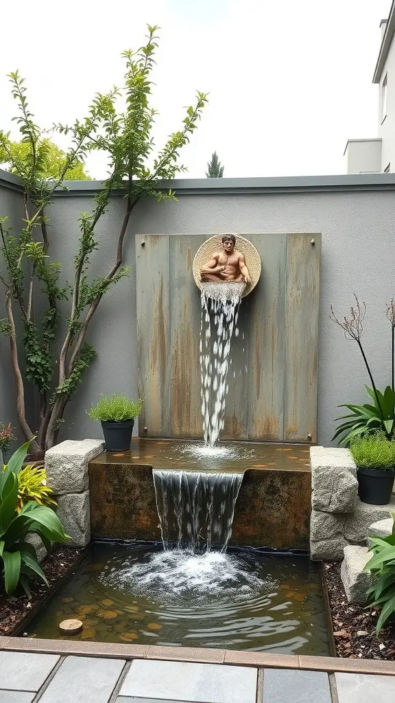 23 Creative Corner Garden Ideas for Your Backyard 14 A contemporary water feature with cascading water and a decorative figure, surrounded by plants in a backyard setting.