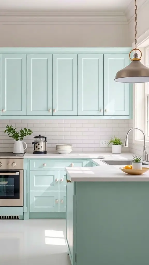 29 Stunning Kitchen Cabinet Color Combination Ideas 19 A modern kitchen featuring mint green cabinets, white countertops, and a bright atmosphere.