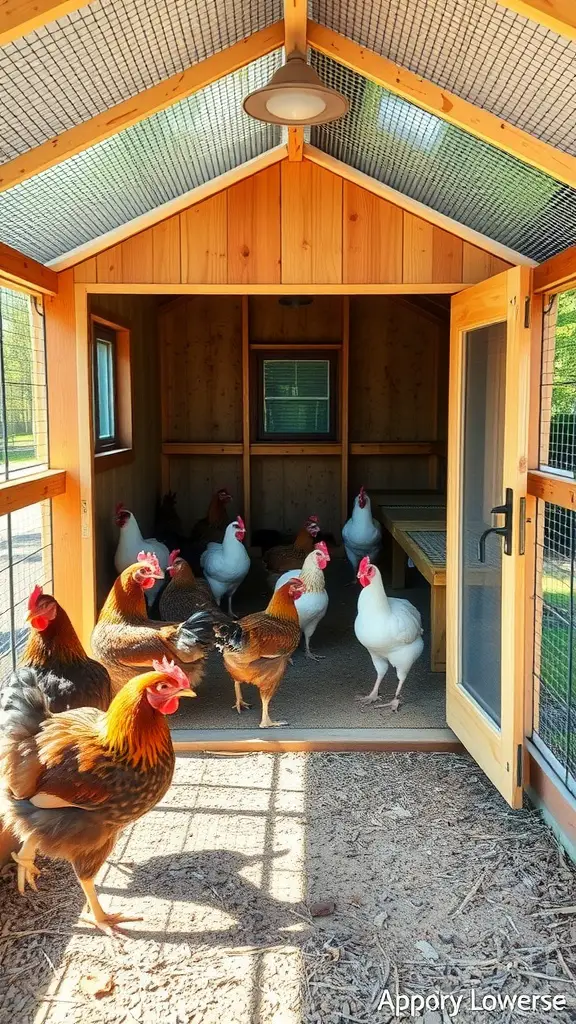 17 Creative Walk-In Chicken Coop Ideas You'll Love 10 A chicken coop with an integrated run, featuring chickens roaming outside and a spacious interior.
