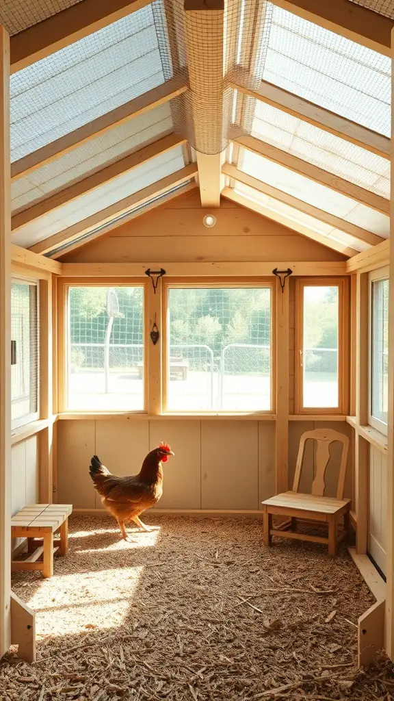 17 Creative Walk-In Chicken Coop Ideas You'll Love 16 Interior of a chicken coop featuring natural ventilation and a hen.