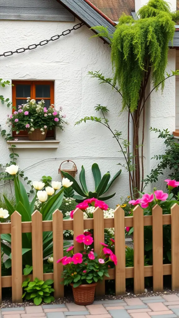 23 Creative Corner Garden Ideas for Your Backyard 21 A cozy cottage-style garden featuring colorful flowers, a wooden fence, and a window box.