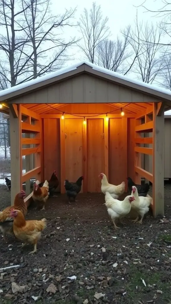 17 Creative Walk-In Chicken Coop Ideas You'll Love 8 A cozy and insulated walk-in chicken coop with chickens roaming outside, featuring soft lighting and a wooden structure.