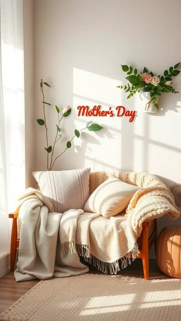 21 Creative Mother's Day Decor Ideas to Celebrate Mom 18 A cozy corner with a blanket and pillows, decorated for Mother's Day
