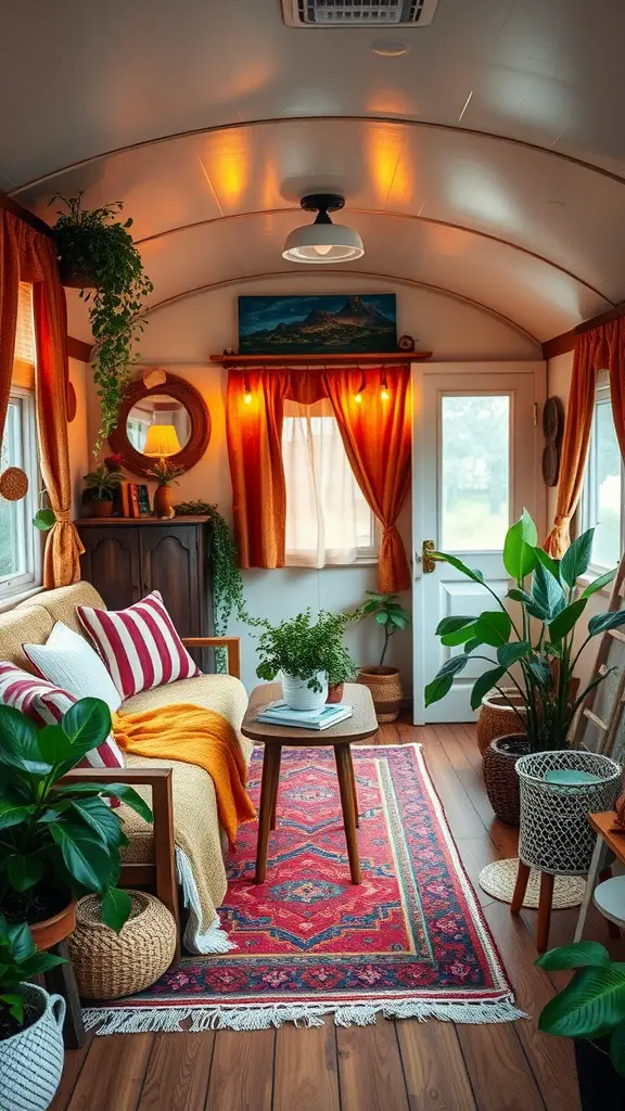 17 Inspiring Mobile Home Living Room Ideas to Transform Your Space 8 A cozy Bohemian-style living room in a mobile home, featuring a warm color scheme, plants, and eclectic decor.