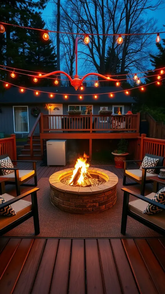 19 Charming Back Deck Decorating Ideas for a Cozy Outdoor Space 5 A cozy outdoor fire pit area with stone seating and string lights