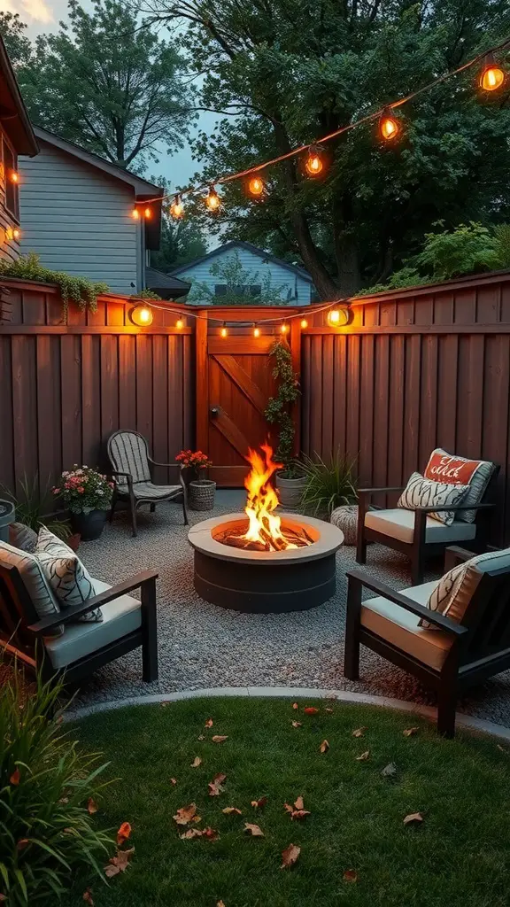 23 Creative Corner Garden Ideas for Your Backyard 8 Cozy fire pit area in a backyard with chairs and string lights