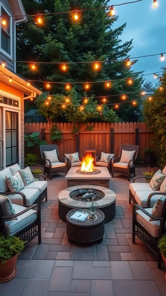 17 Inspiring Backyard Patio and Fire Pit Ideas 19 Cozy backyard patio with a fire pit, comfortable seating, and string lights