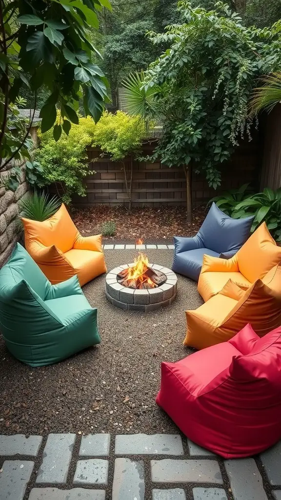17 Inspiring Backyard Patio and Fire Pit Ideas 9 A cozy outdoor seating area with colorful bean bags arranged around a fire pit, surrounded by lush greenery.