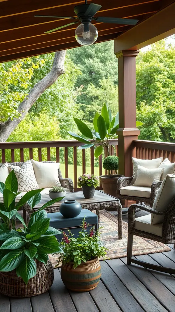 25 Stunning Backyard Deck Ideas for Your Outdoor Oasis 5 A cozy outdoor living room setup featuring comfortable seating, potted plants, and warm lighting.