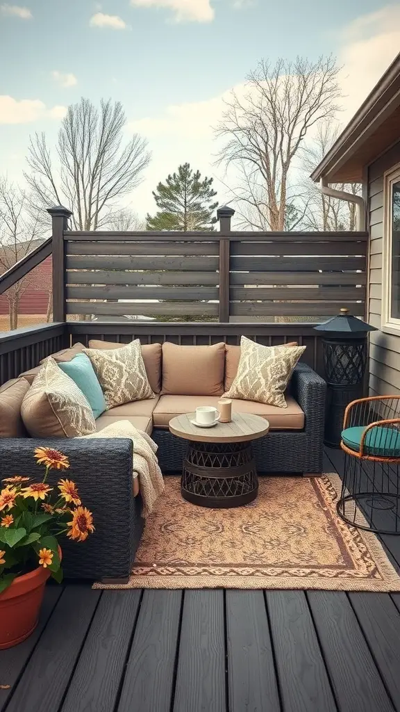 29 Stylish Deck Decorating Ideas You Need to Try 9 Cozy outdoor seating area with sectional sofa, coffee table, and flower pots