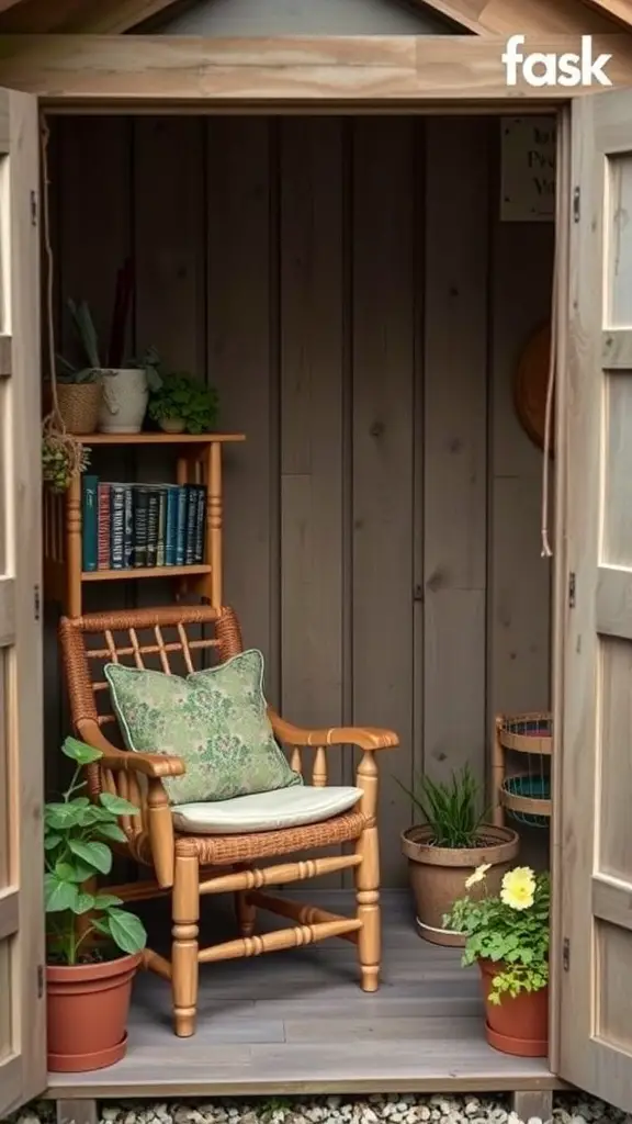 23 Stylish Potting Shed Interior Ideas for a Modern Touch 4 A cozy reading nook in a potting shed, featuring a wicker chair, bookshelf, and potted plants.