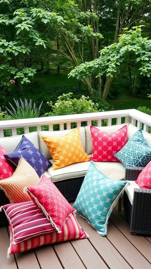 19 Charming Back Deck Decorating Ideas for a Cozy Outdoor Space 11 A variety of colorful throw pillows arranged on a back deck, surrounded by greenery.