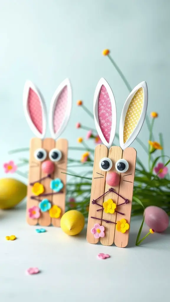 Craft Stick Bunnies made from colorful craft materials.