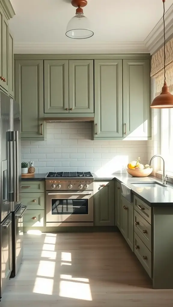 29 Stunning Sage Green Kitchen Cabinet Ideas for a Fresh Look 8 A kitchen featuring sage green cabinets with natural light and modern appliances.