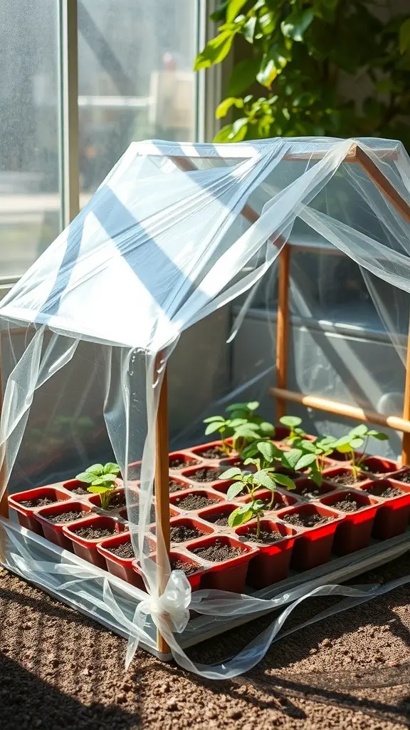 19 Creative Seed Starting Ideas for Your Garden 13 A mini greenhouse made of wooden frame and plastic wrap, containing trays of growing seedlings.