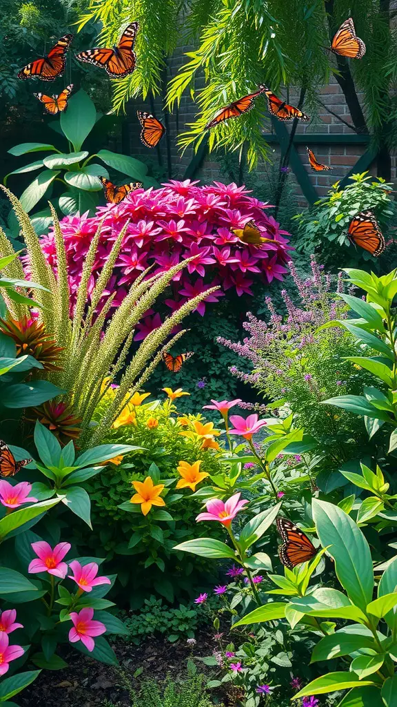 25 Beautiful Shade Garden Design Ideas for Your Outdoor Space 14 A colorful shade garden filled with vibrant flowers and butterflies, showcasing a wildlife-friendly environment.