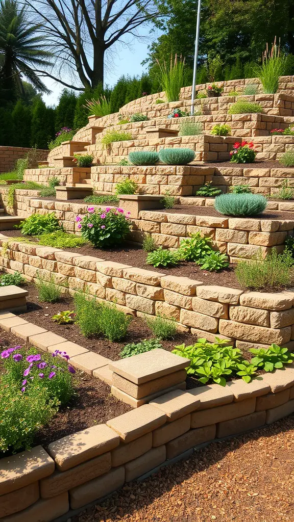 Multi-level garden with retaining walls featuring colorful flowers and herbs