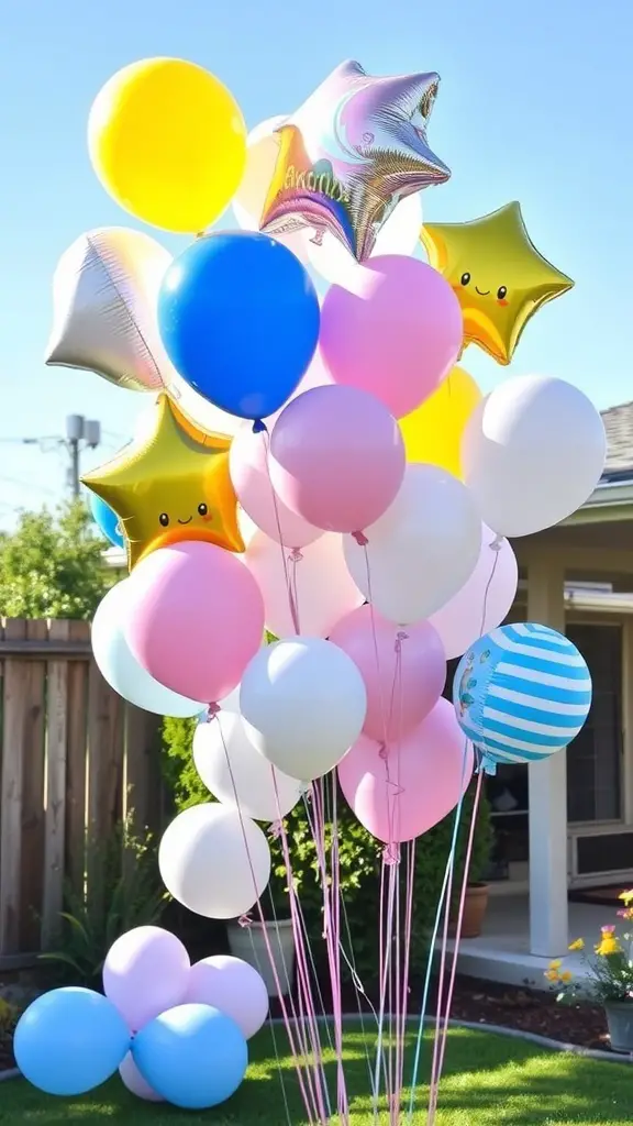 19 Creative Backyard Baby Shower Ideas You’ll Love 4 Colorful balloons in a backyard baby shower setting, featuring pastel and metallic star balloons.